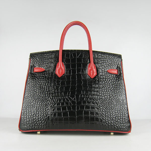 High Quality Fake Hermes Birkin 35CM Crocodile Veins Leather Bag Black/Red 6089